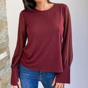The Moment We Met Burgundy Long Tie Sleeve Top NWOT
